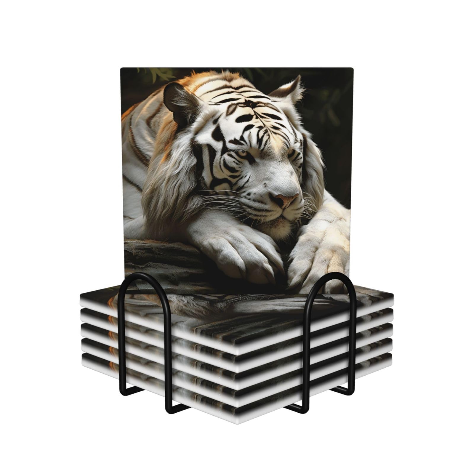 6Pcs Ceramics Coaster for Drinks, Lying Tiger Cup Coasters with Holder, Aesthetic Drink Coasters for Coffee Table, Absorbent Round Coaster for Tabletop Protection 4" Cup Mat Pad