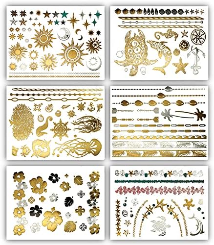 Terra Tattoos Tropical Hawaiian Metallic Tattoos - 75 Gold Silver Temporary Tattoos Turtles, Dolphins, Stars, Sun, Moon, Starfish, Seahorse, Coral, Palm Trees, Hibiscuses, Puka Shells & more!