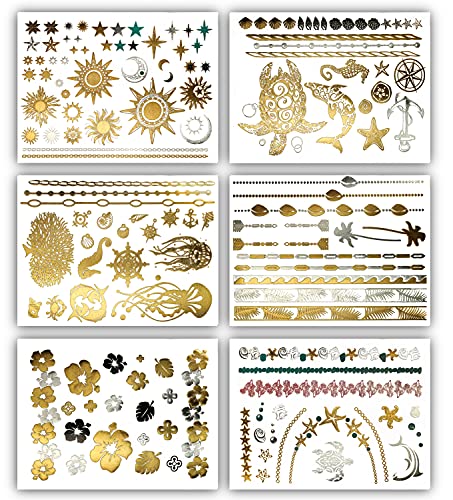 Terra Tattoos Tropical Hawaiian Metallic Tattoos - 75 Gold Silver Temporary Tattoos Turtles, Dolphins, Stars, Sun, Moon, Starfish, Seahorse, Coral, Palm Trees, Hibiscuses, Puka Shells & more!