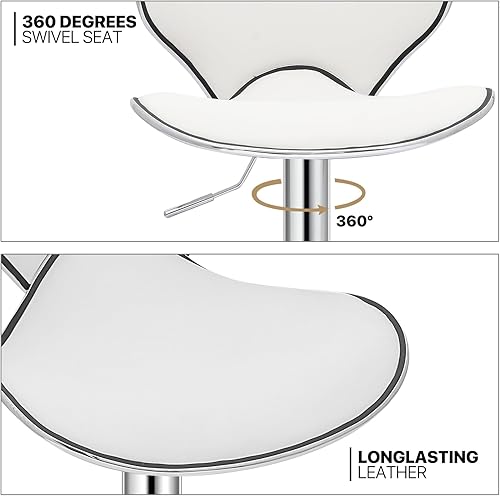 Miniatura 6 de MoNiBloom Juego de 2 taburetes de bar giratorios ajustables, modernos taburetes de barra de cuero sintético blanco con respaldo alto y reposapiés