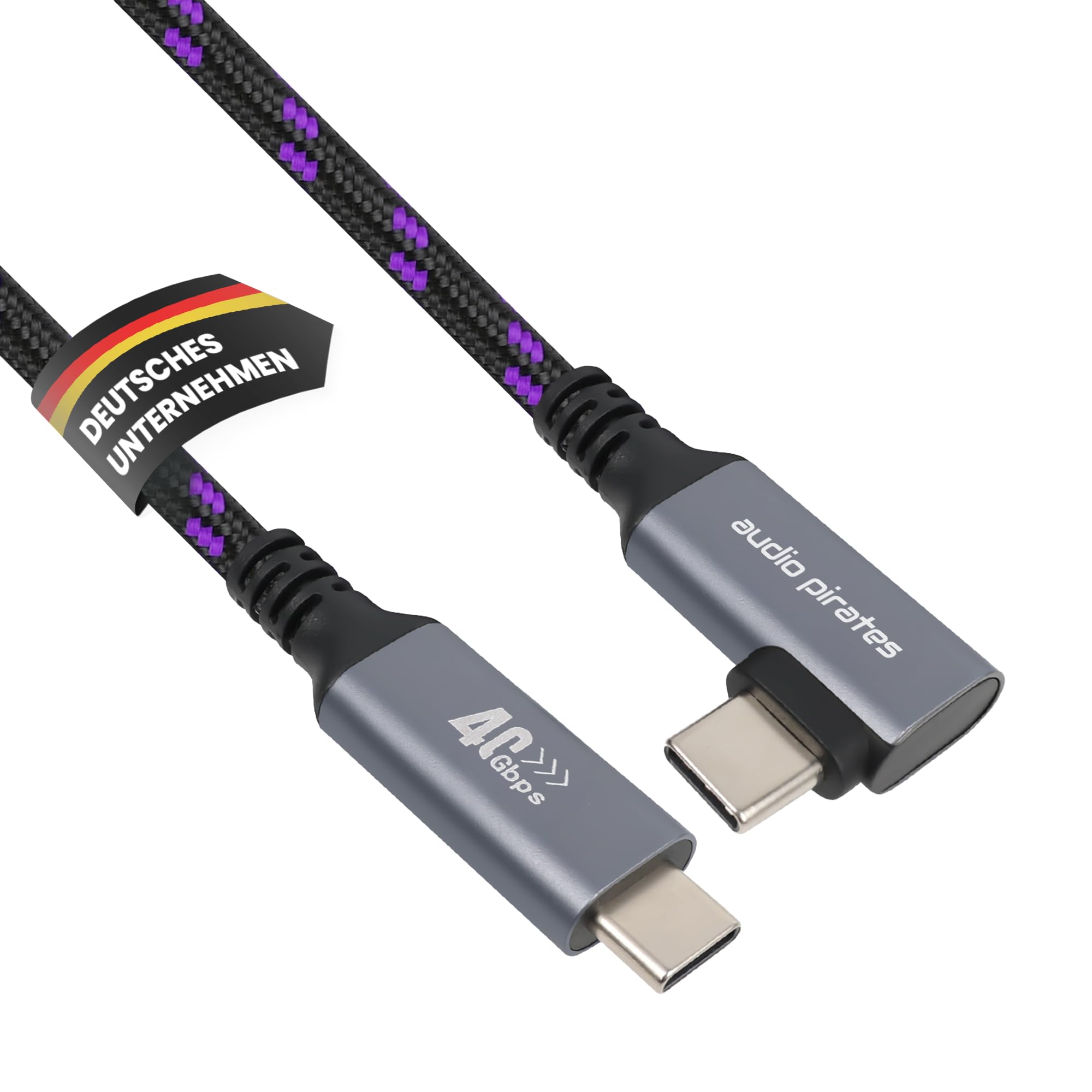 audio pirates USB-C 4.0 Kabel, (240 W, 40 Gbit/s, 2.500 MB/s, gewinkelt) – 90° USBC Power & Datenkabel – Ladekabel USB-C mit Klettband, für Laptop, Smartphone, Monitor (1er Pack, 0,5 Meter, Violett)