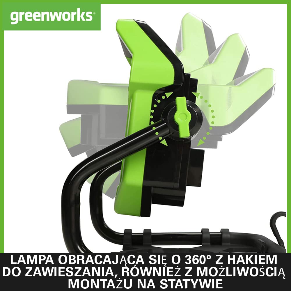 Greenworks G24WL Akumulatorowa Lampa Robocza Hybrydowa AC/DC z Hakiem do Zawieszania, Kabel Zasilający AC lub Przenośna Bateria, 2000 Lumenów, 2 Ustawienia Jasności BEZ Akumulatora 24V i Ładowarki