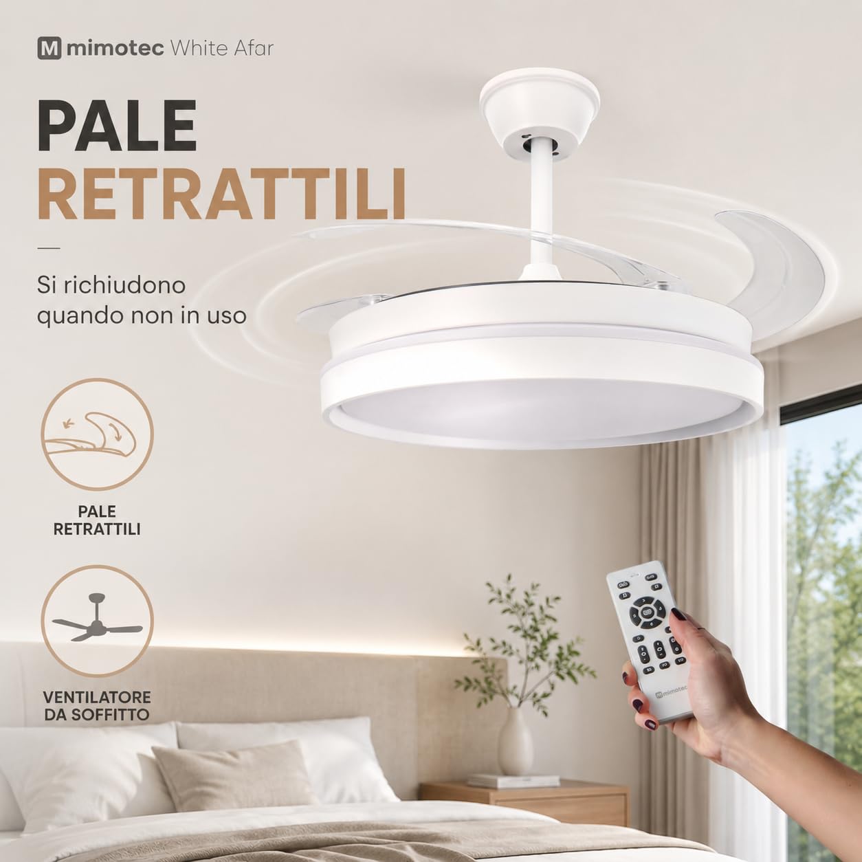 M mimotec- Ventilatore da Soffitto White Afar Retrattile con Luce LED CCT 40W Ø107 cm, Motore DC Silenzioso, Telecomando, 6 Velocità, Pale Pieghevoli, Timer e Funzione Estate/Inverno