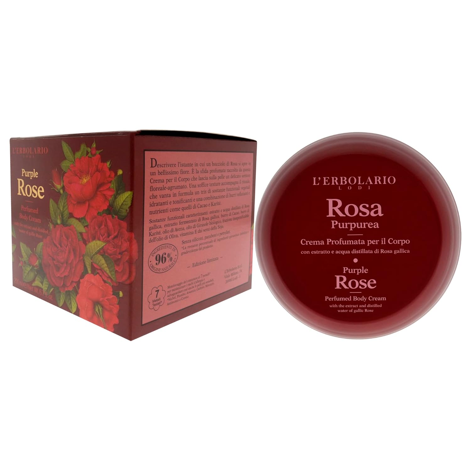 L'Erbolario Perfumed Body Cream – Moisturizing Body Butter for Dry Skin – Invigorating and Softening Skin Care with Gallic Rose – Purple Rose - 6.7 oz