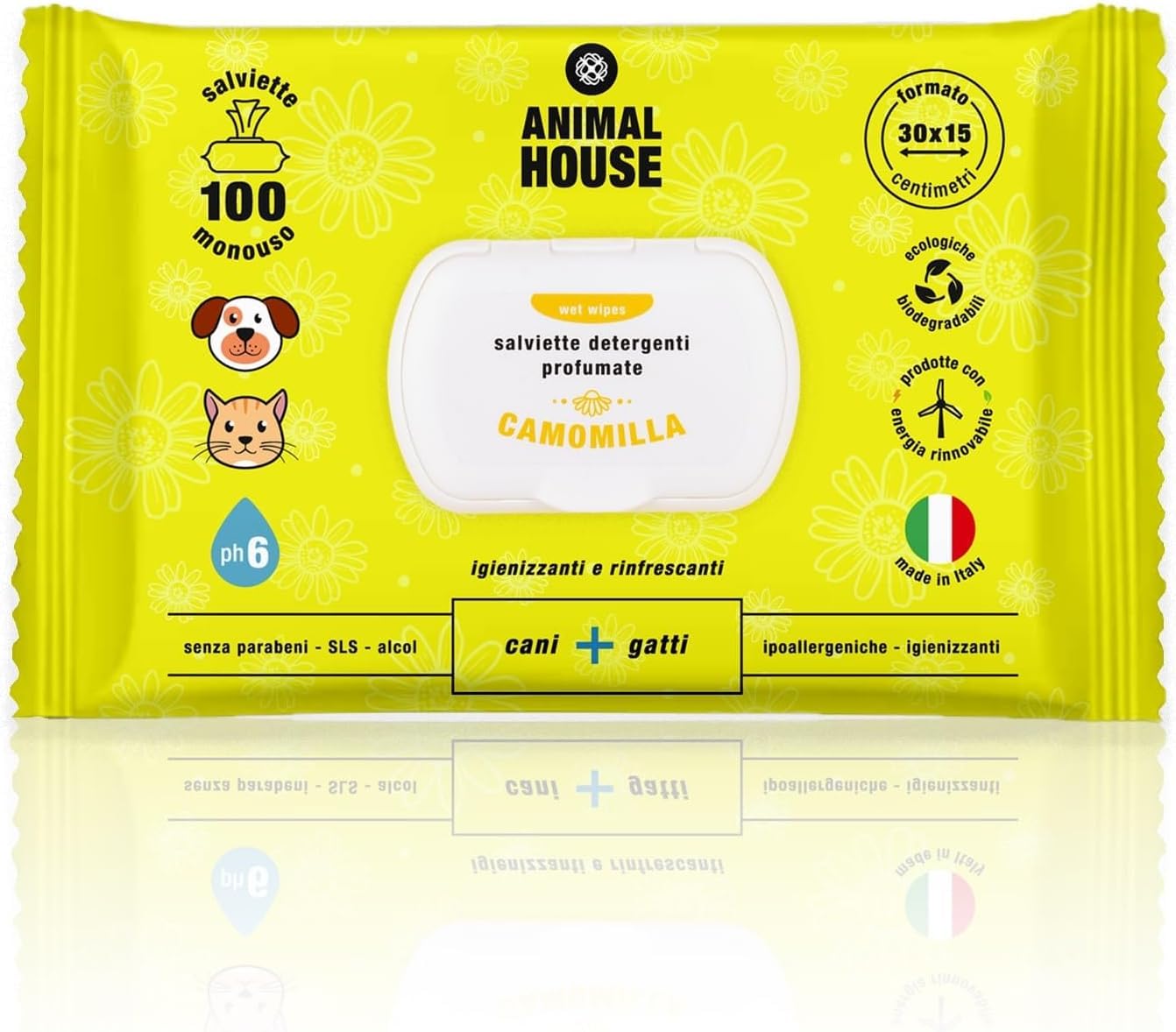 Animal House Chamomile Wipes 100 Pieces Natural Moisturizing and Soothing Wipes, Biodegradable and Hypoallergenic, for Daily Cleaning of Dogs and Cats