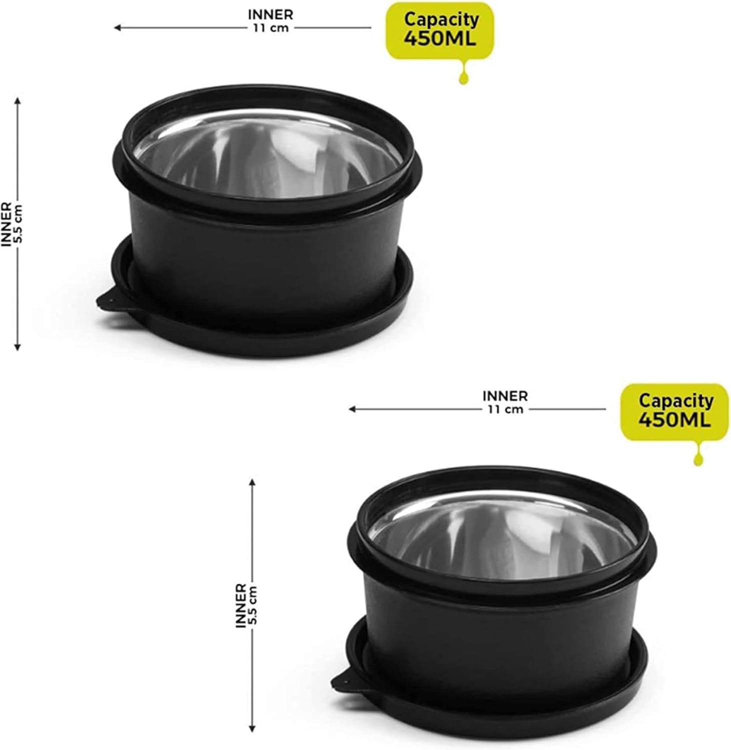 Oliveware SOPL (logo) with Device Benny Containers with BPA Free Airtight Lid, Inside Steel Container, Microwave Safe & Leak Proof, Home & Office Use, Set of 2 (450ml) - Black, Stainless Steel