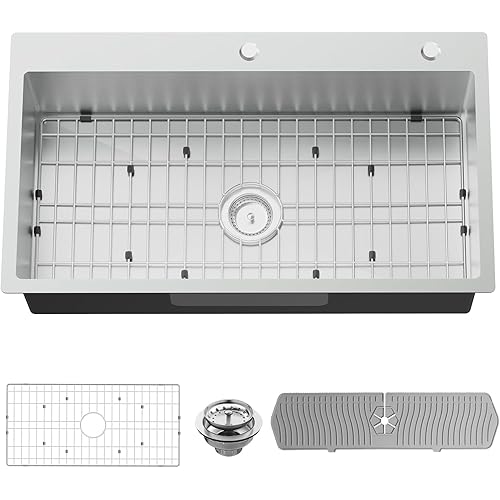 Kitchen Sink, 33x19 Inch Stainless Steel Drop In Modern Large Single Bowl Topmount Kitchen Sink Gift Combo-SS Grid,Silicon Mat, Drain Strainer Set Compatibility With Various Kitchen&Bar Style