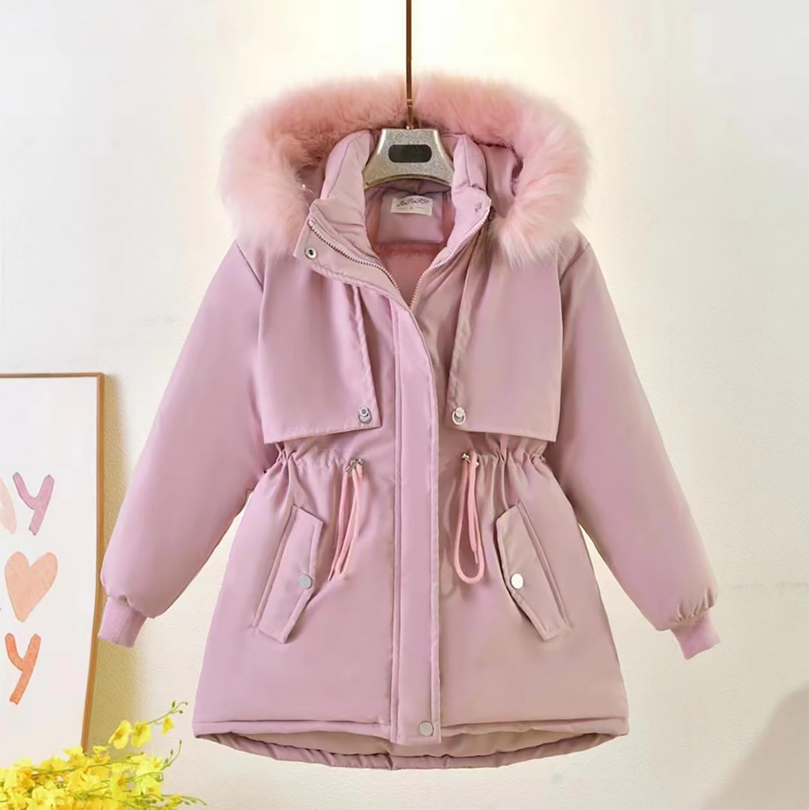 Piumino da bambina con cappuccio e pelliccia, caldo, invernale, per 6-12 anni