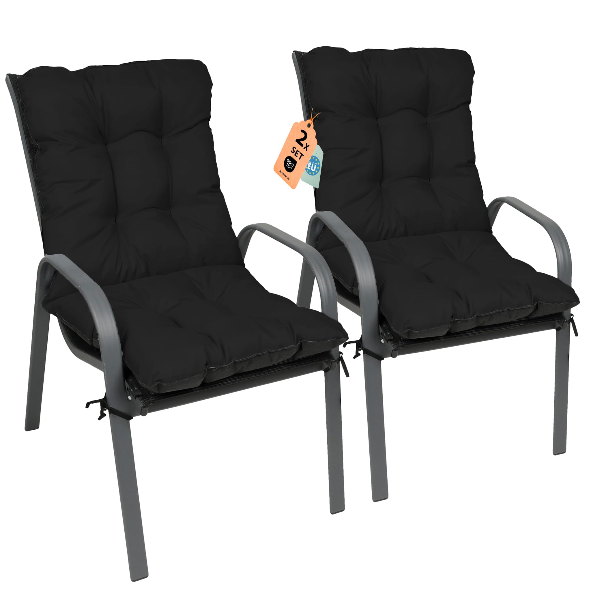 SuperKissen24. Coussin Dossier pour Chaise Longue, Siège, Banc de Jardin, Canapé - Lot de 2-96x48 cm - Bain de Soleil - Intérieur/Extérieur – imperméable - Noir