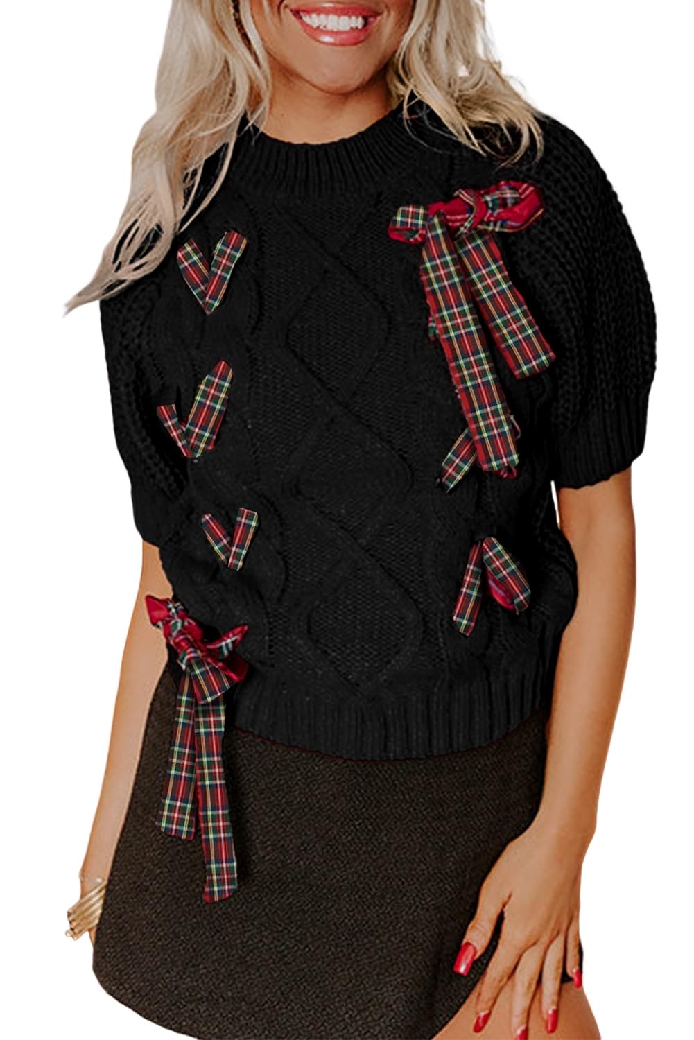 Ecosunny Womens Sweaters Casual Round Neck Puff Short Sleeve Plaid Lace Up Detail Christmas Holiday Lightweight Pullover Tops