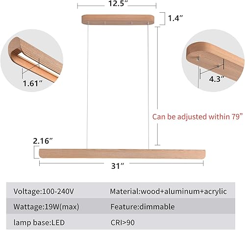 Miniatura 2 de Lámpara colgante lineal LED de 31 pulgadas, lámpara de techo de madera regulable, lámpara lineal minimalista, luz cálida de 19 W, 3000 K,