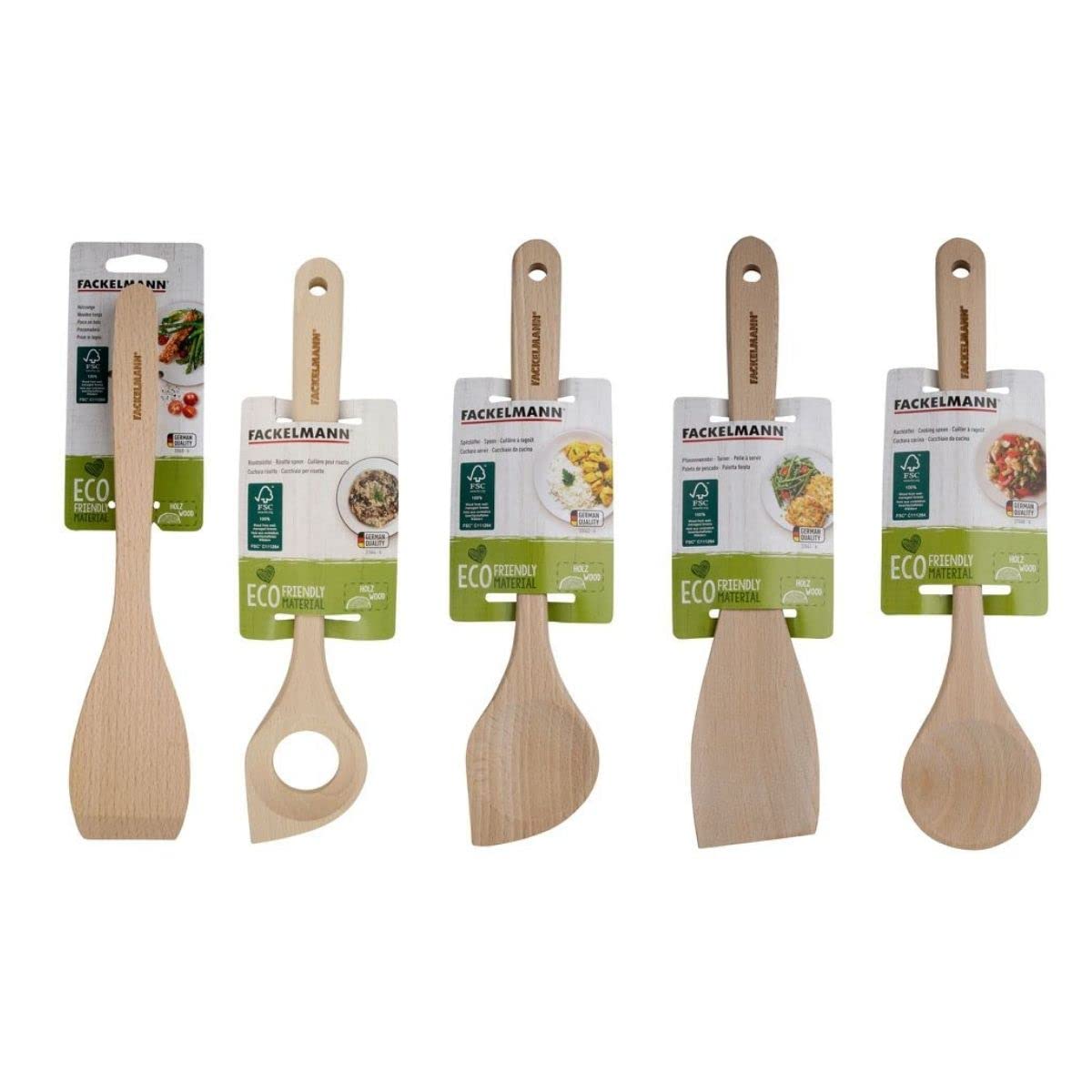 Fackelmann 9990050 Küchenutensilien-Set, 5-teilig, Küchenzange, Risottolöffel, Reislöffel, Spachtel, Löffel, FSC-Holz, ca. 30 cm