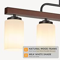 Vista 2 de Lámpara de comedor de granja sobre mesa, iluminación de isla de cocina de madera negra de 4 luces con vidrio blanco leche, lámparas colgantes