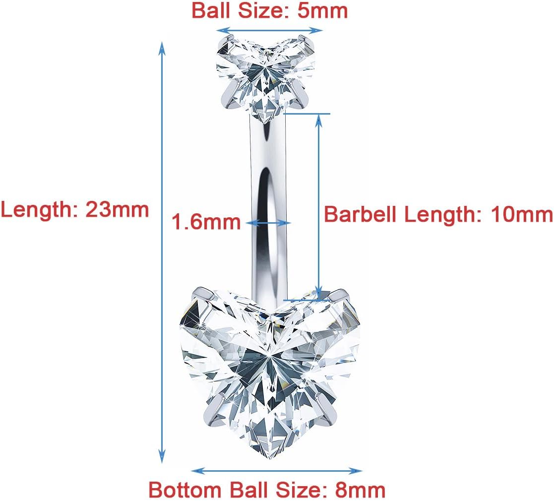 14G Moissanite Belly Button Ring, G23 Titanium Internally Threaded Belly Ring, Dainty Round Heart Diamond Navel Piercing jewelry for Women Men D Color VVS1 Clarity