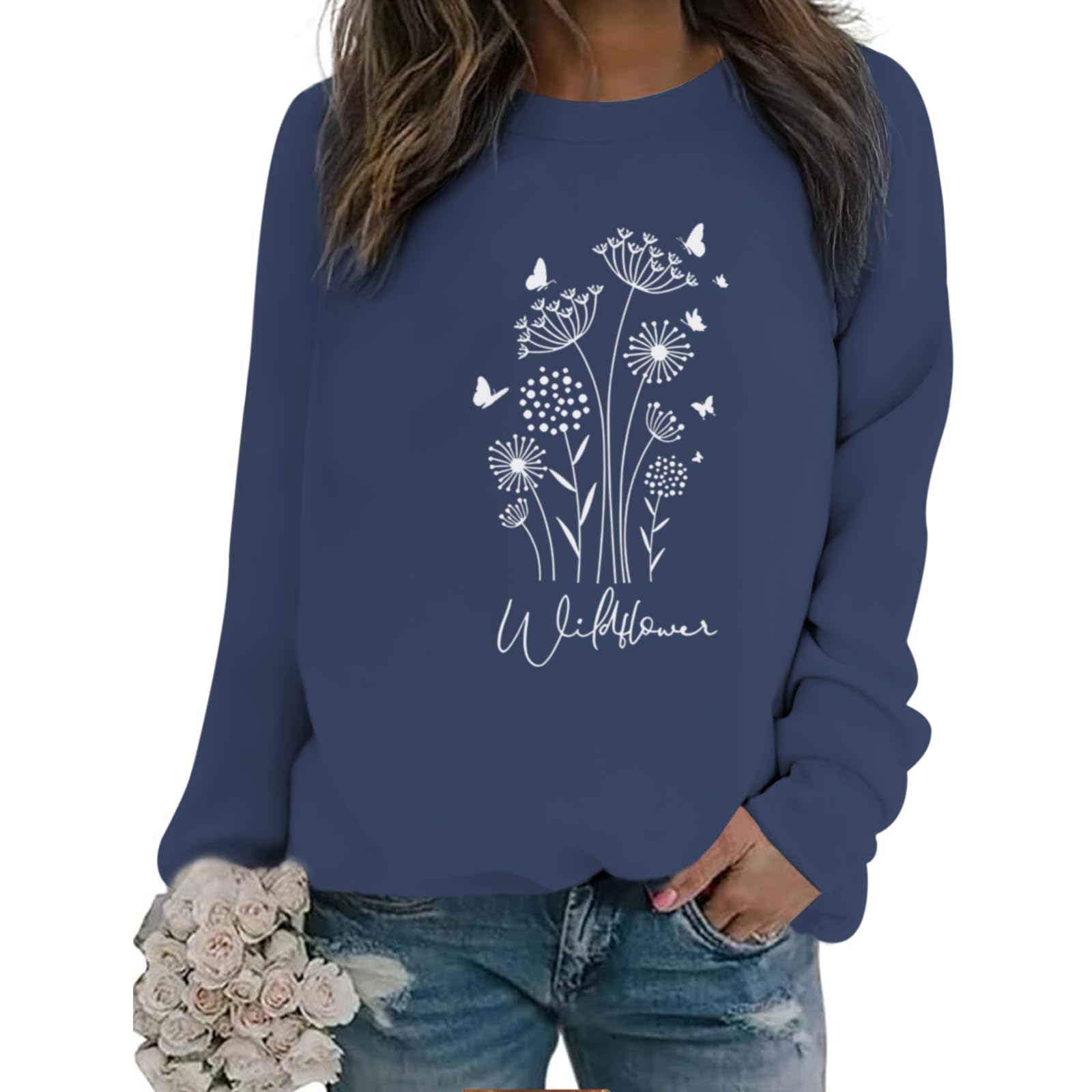 Bobeutou Sudadera con estampado de flores para mujer, estilo vintage de los años 80, minimalista, estampado floral, manga larga, holgada