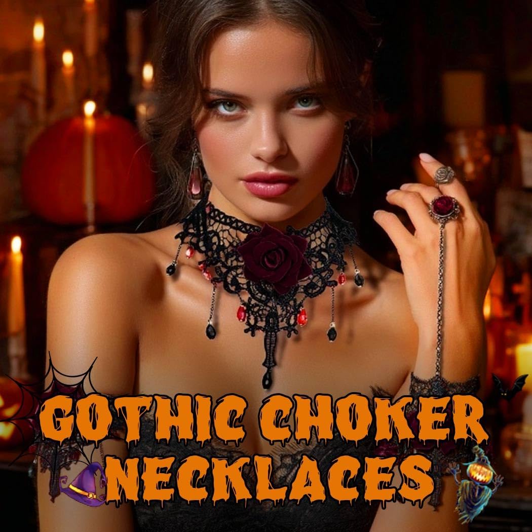 Black Lace Choker Necklace Set Rose Flower Necklace Bracelet Ring Set Vintage Hallow Necklace Jewelry for Women - Image 3