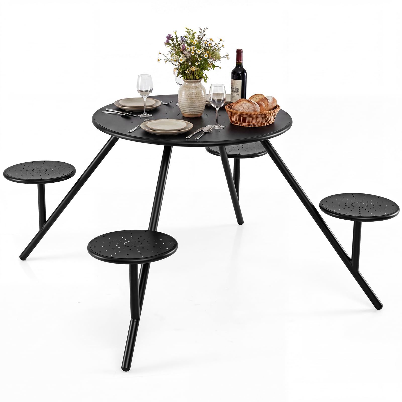 COSTWAY Set Tavolo e 4 Sedie da Campeggio, Foro Ombrellone, Metallo Zincato | Tavolo da Giardino per Cortile e Patio, Set Mobili da Pranzo Completo, 168 x 168 x 73 cm