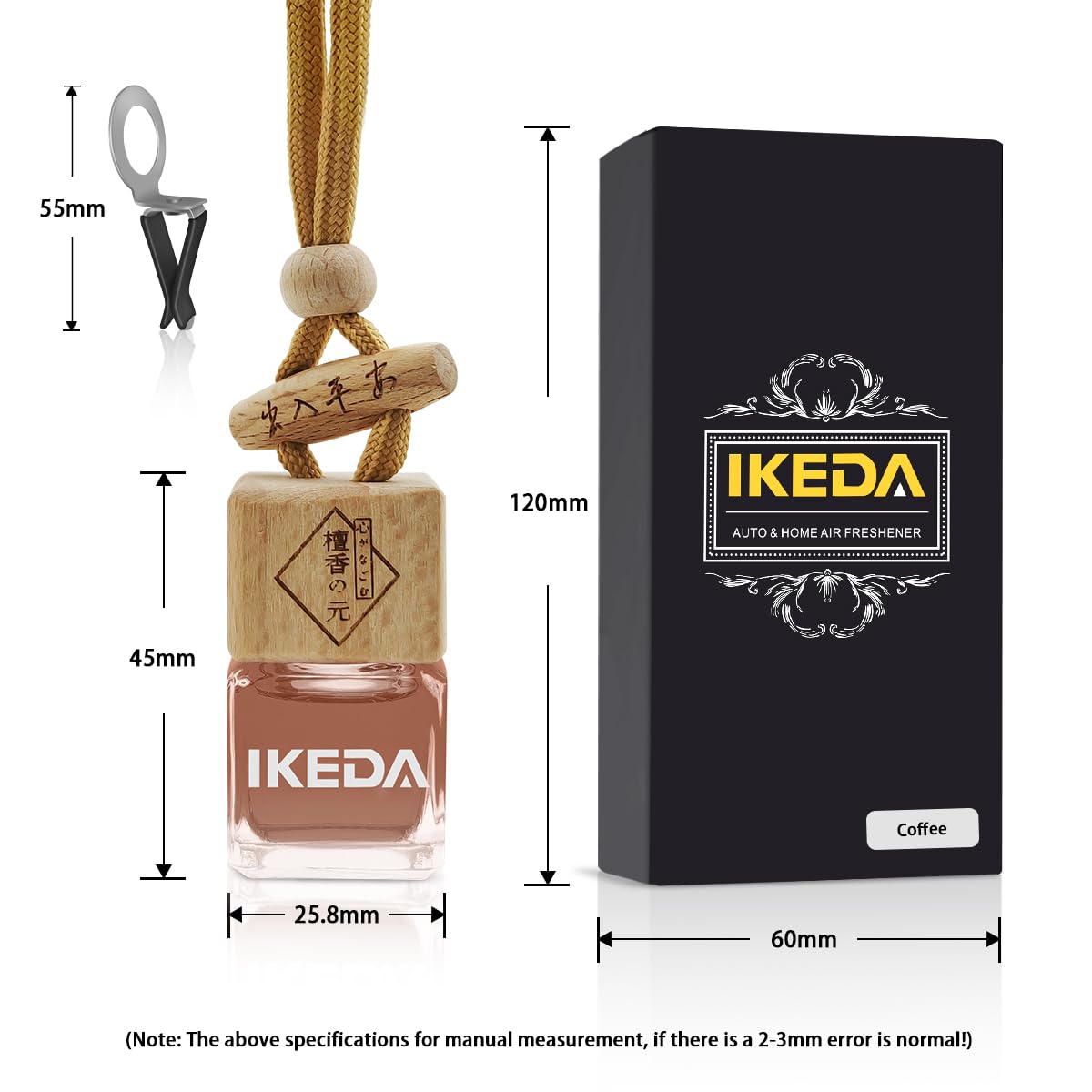 ikeda fragrance Auto-Lufterfrischer, quadratischer hängender Autoduft mit Entlüftungs-Clip-Flasche, langanhaltender Duft, Diffusor für ätherische Öle, Geruchsbeseitigungsmittel, quadratisch
