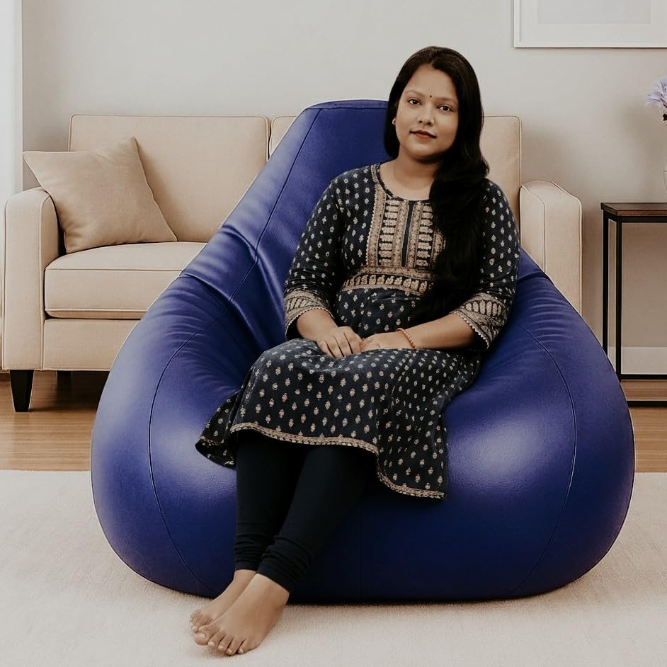 Image of Bean Bag Cover, Faux Leather, 66 x 86 x 112 cm, Indoor Gaming and Reading Chair (Navy, XXL, Solid)