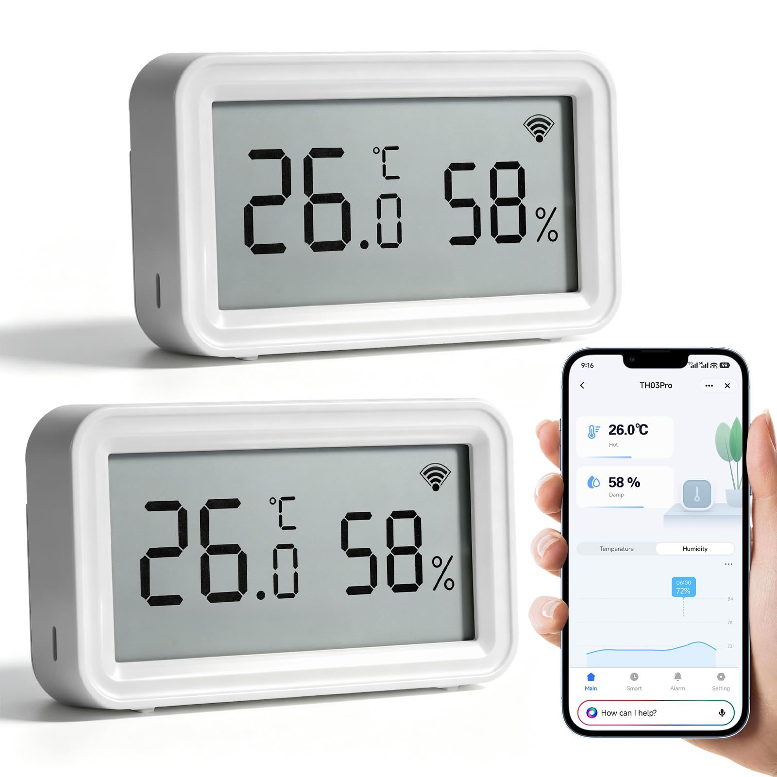 2 termometro igrometro Wi-Fi per interni, sensore di temperatura e umidità con display LCD, termometro digitale, notifica app, memorizzazione dei dati ed esportazione, sensore calibrabile per la casa