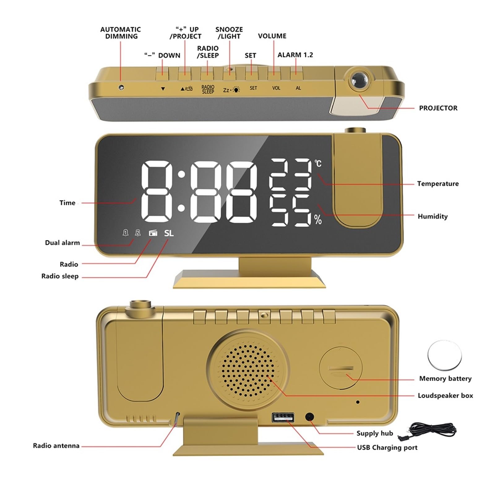 Projektionswecker Mit Um 180° Drehbarem Projektor, Nachttischwecker FM-Radio-Timing for Zuhause, Schlafzimmer, Büro Klare Projektion(Gold)