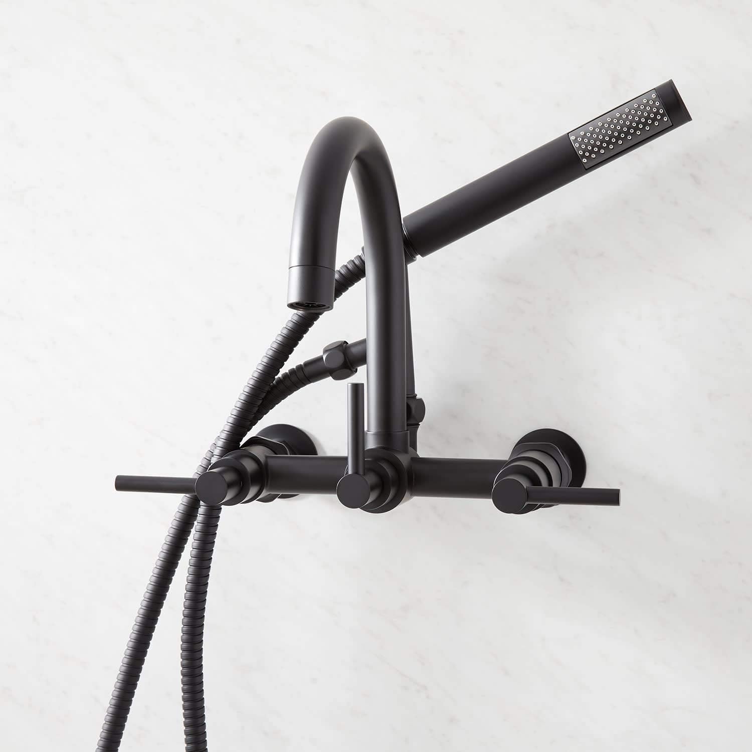 Signature Hardware 446427 Sebastian Wall Mounted Tub Filler Faucet with 2" Wall Couplers and Lever Handles - Includes 1.8 GPM Hand Shower, Valve Included - Matte Black