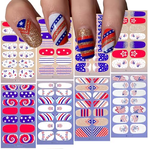 8Sheets Independence Day Semi Cured Gel Nail Strips 4th of July Nail Polish Stickers Designs Star Patriotic American Flag Full Wrap Nail Polish Decals Decoration for Women DIY Acrylic Nails