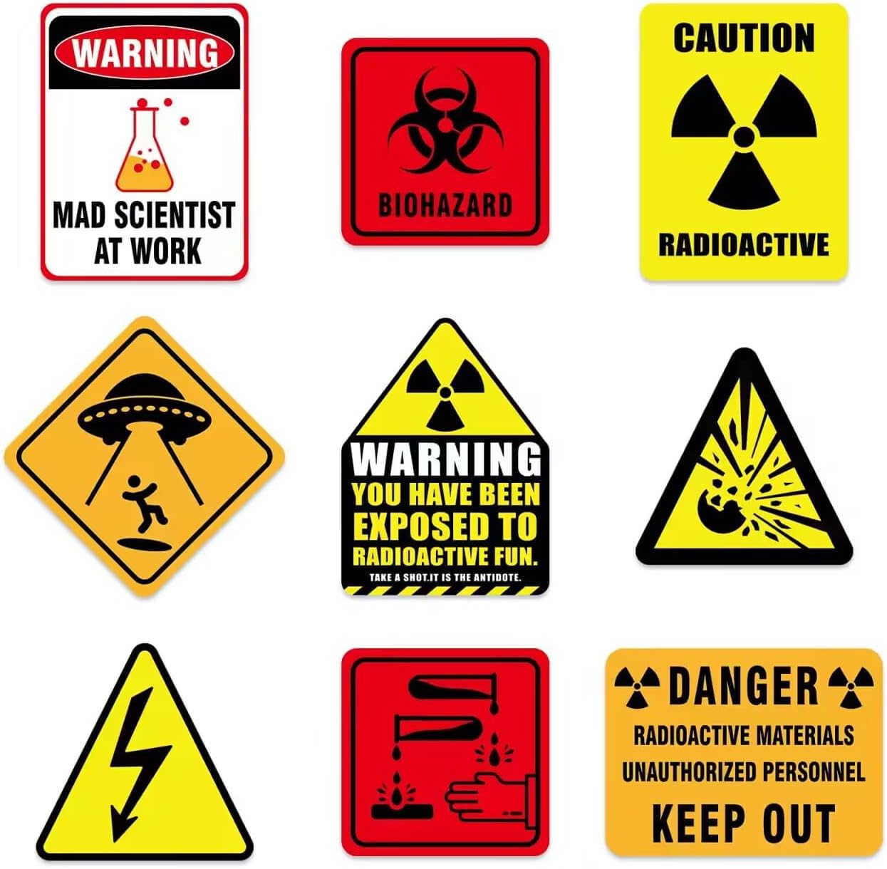 WERNNSAI Science Party Decorations - 9PCS Mad Scientist at Work Home Wall Decor Signs Funny Tags for Boys Kids Birthday Party Laboratory Sign Table Centerpieces Yellow Caution Logos on Door Supplies