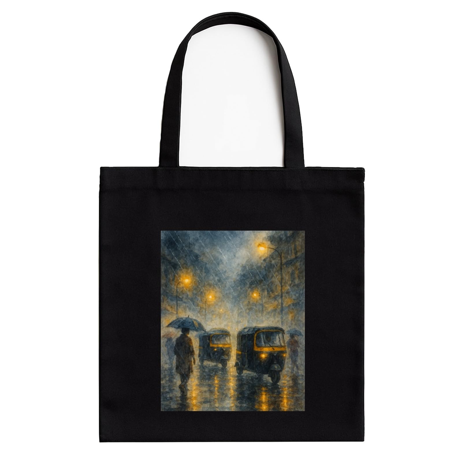 Monsoon Painting Art Tote Bag for Women | Front A4 Size Printed Pocket | 16x14 Inch Weather-Themed Cotton Bag | Water-Resistant Rainy Day Essential