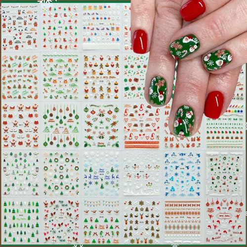 30 Sheets Christmas Nail Art Stickers Colorful Snowflake Nail Decals Santa Claus Tree Glitte Christmas Nail Stickers for Nails Art Design 3D Self Adhesive Snowman Deer Nail Supplies Charm for Women