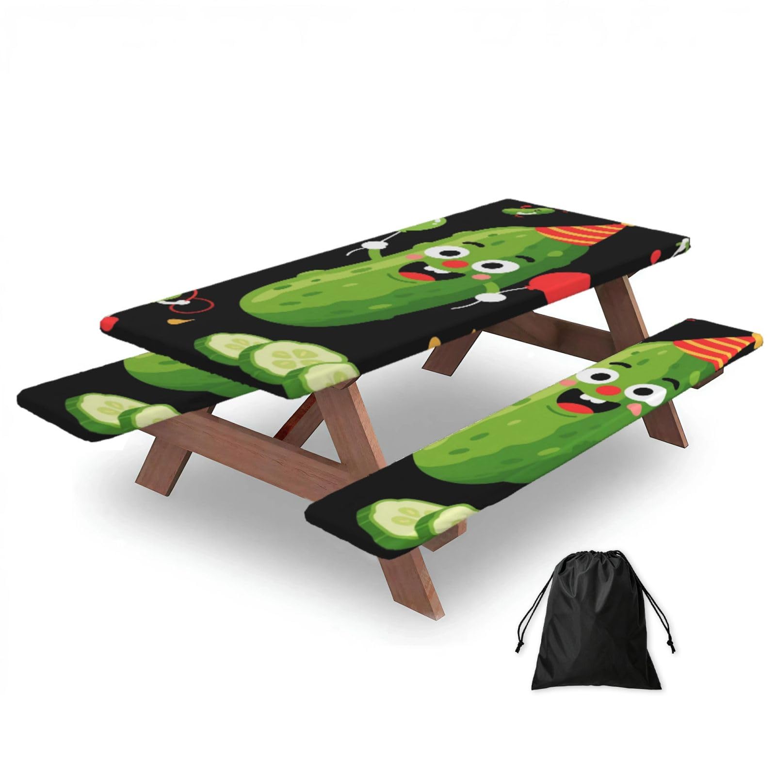 FekiLoot Funny Pickle Picnic Table Cover with Bench Covers and Bag, Windproof Waterproof Rectangle Tablecloth with Elastic Edges Fitted Camping Table Covers for Picnic Party Travel