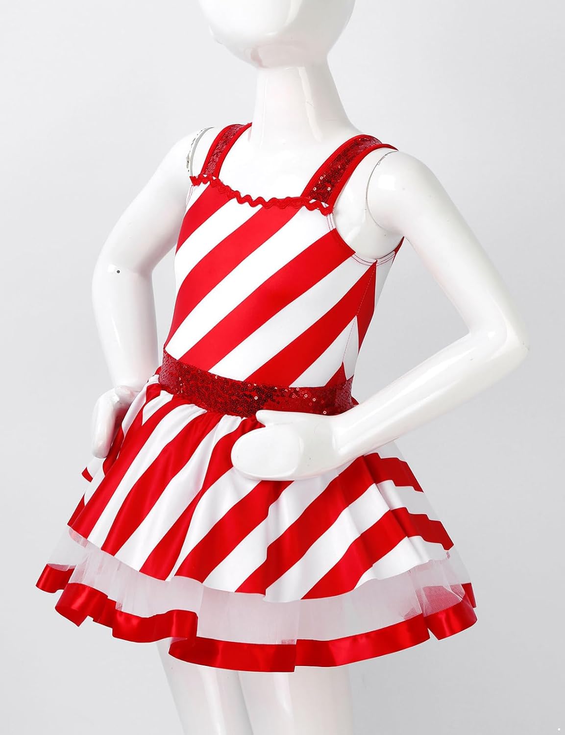 Jhaoyu Kids Girls Sequins Ice Skating Dress Sleeveless Stripes Christmas Ballet Dance Tulle Tutu Dress
