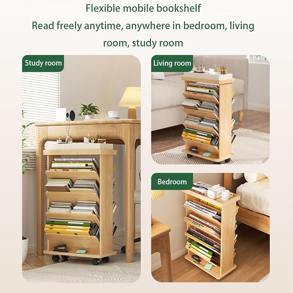 Mobiles Bücherwagen mit Rollen,360°mobiles Bücherregal, Zeitschriftenständer, multifunktionaler Aufbewahrungs-Organizer for Künstlerbedarf,Atelier,Klassenzimmer,Schlafzimmer of