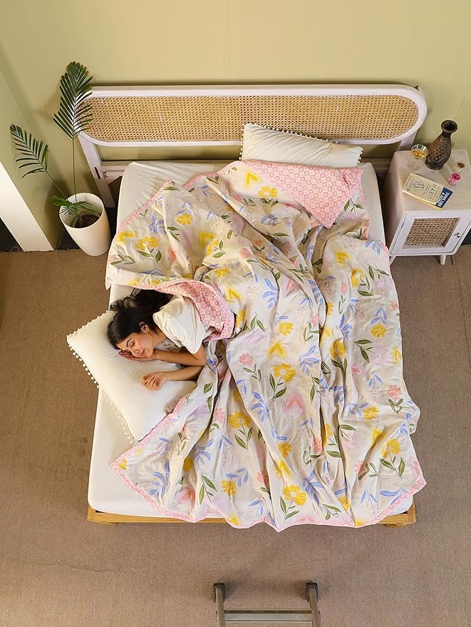 Image of Dohar Double Bed 100% Cotton Blankets for Summer 90x100inch, 150GSM Ac Comforter and Cooling for Summer Classic Printed Design Quilt Ideal for Gifting (Off White Color, Double)