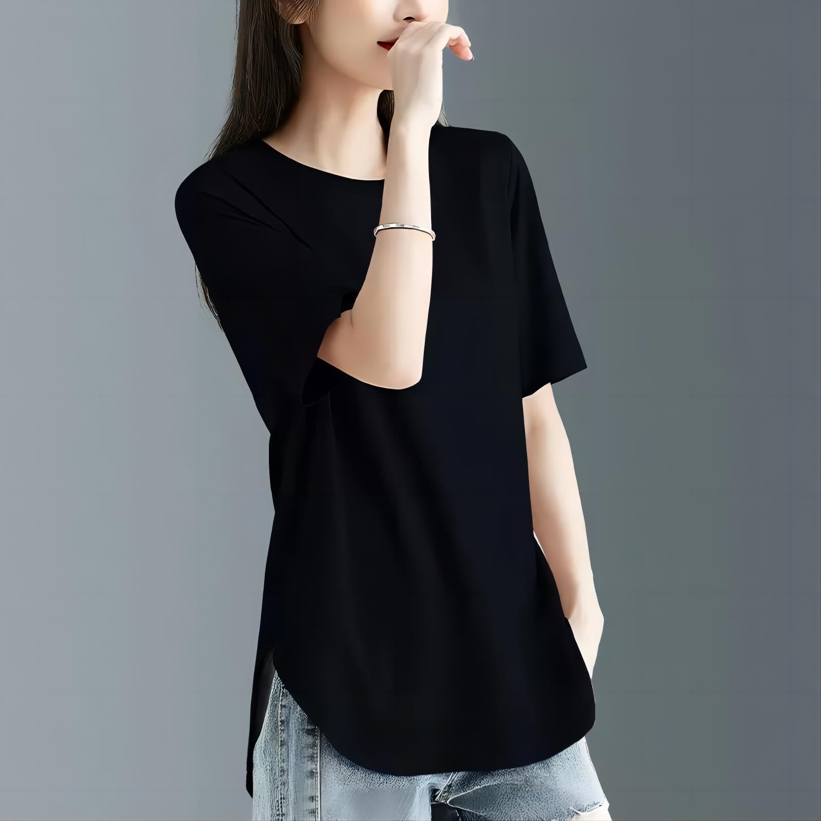 [Zleufirty] Tシャツ レディース 半袖 接触冷感 トップス 春 夏 ヨガ tシャツ トップス シンプル ロング丈 ストレッチ 吸水 速乾 消臭 体型カバー ゆったり スポーツウェア レディース おしゃれ