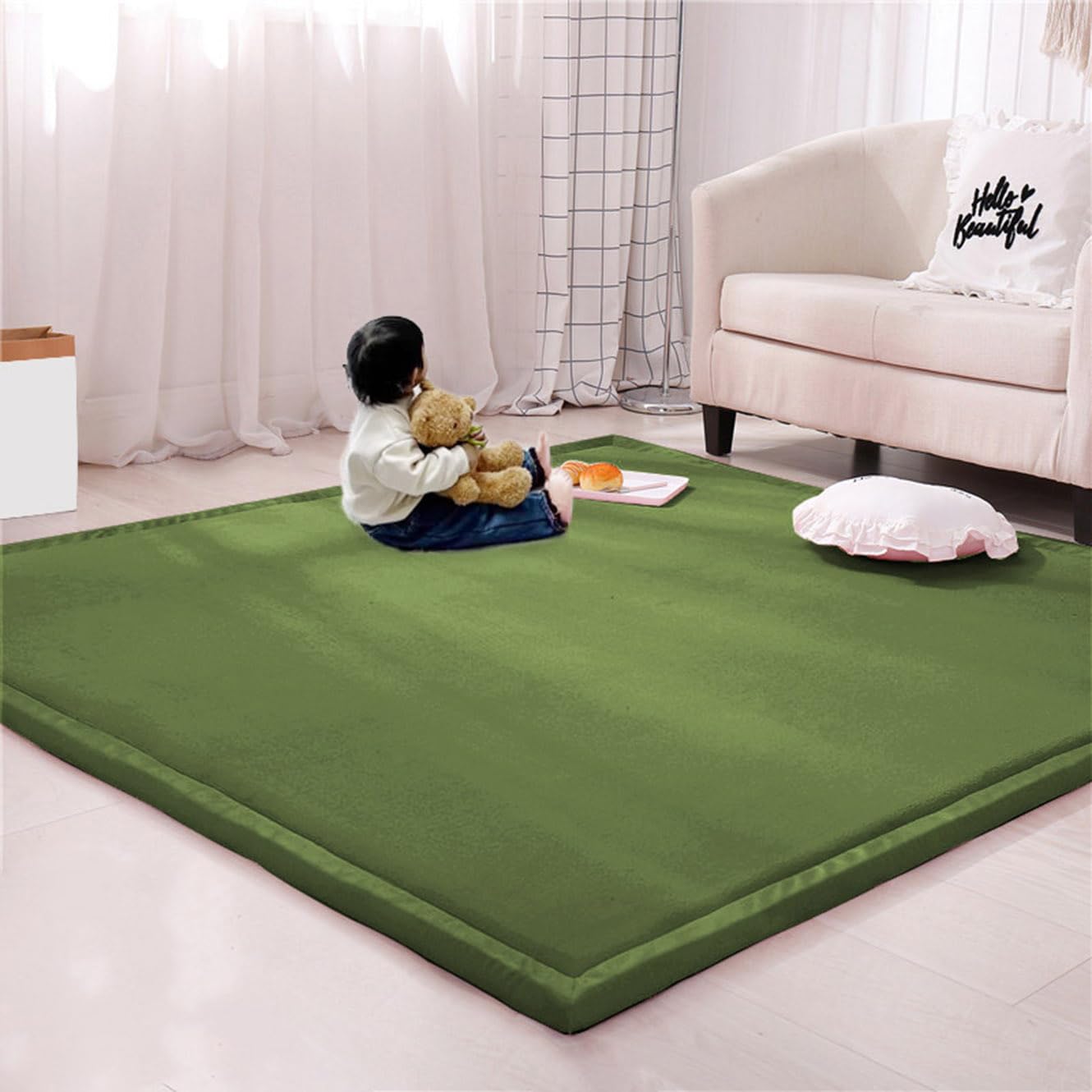Grand tapis antidérapant en velours éponge épais pour jeux d'enfants, éveil et étude Vert foncé 100 x 180 cm