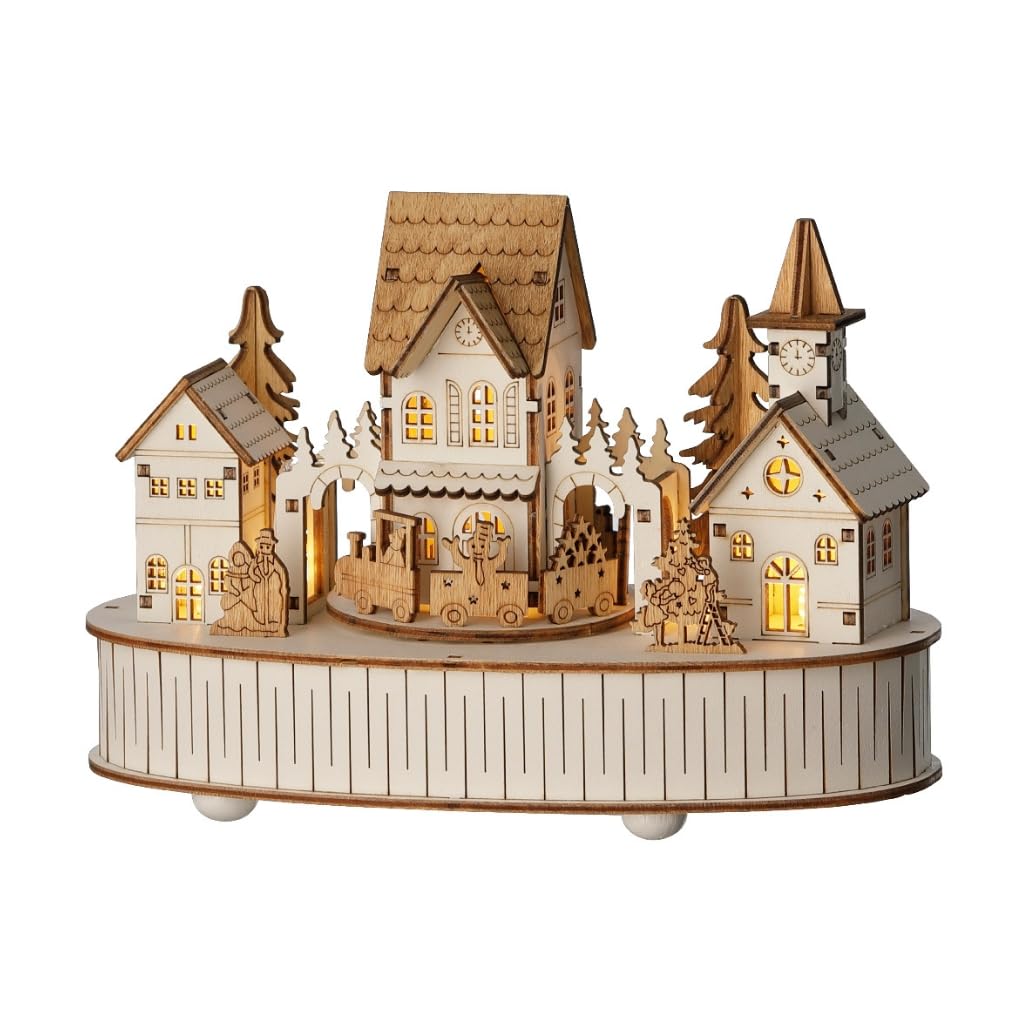 3-Piece Christmas Wood Village Set - LED Light Up Houses For Holiday Decor