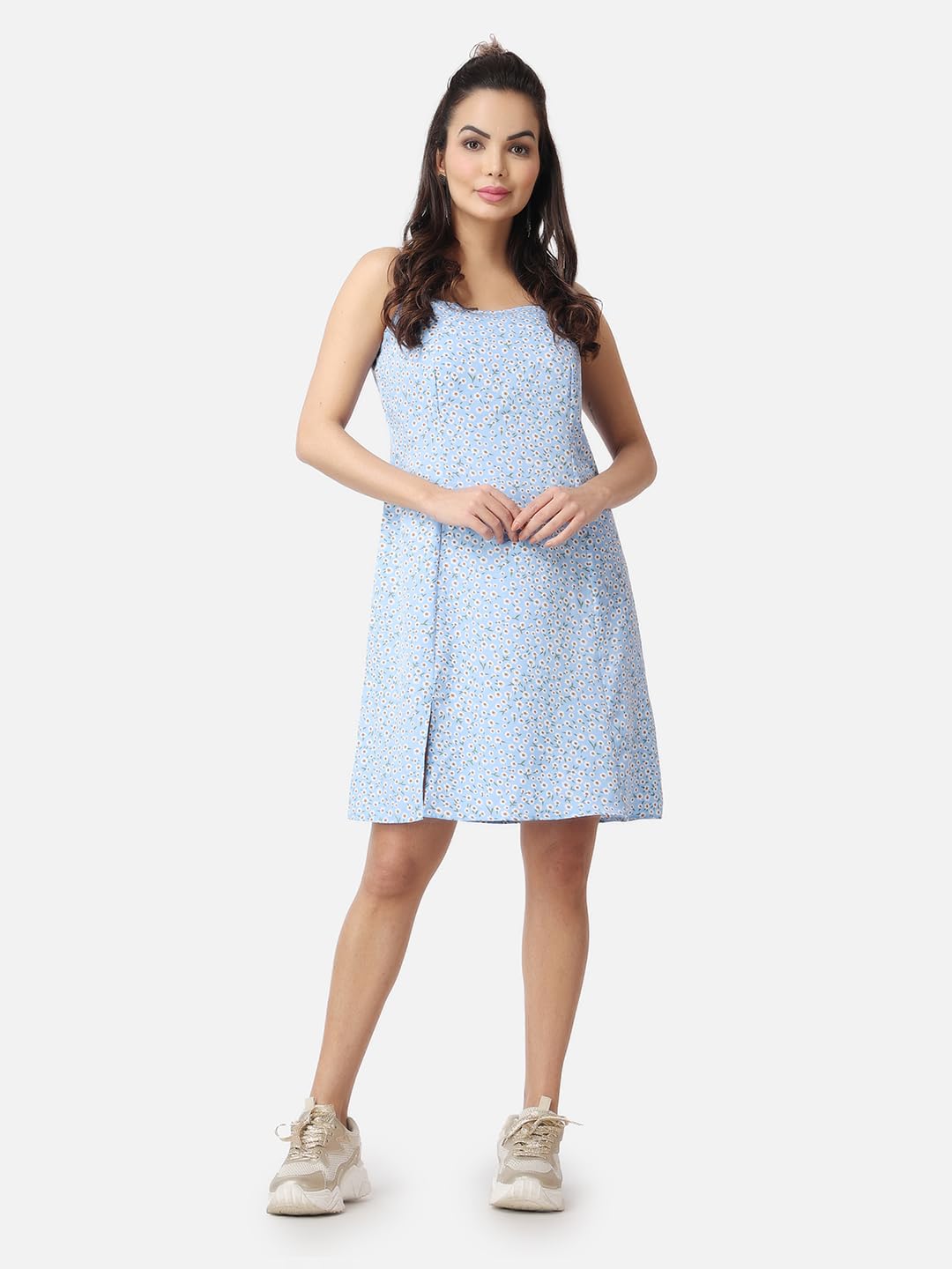 Popwi1Ngs Casual Printed V-Neck Short Sleeves Knee-Length Fit And Flare Dress For Women || Frokc-Style Summer Wear Dresses For Women || Loose-Fit Comfortable Women Dress For Regular Wear Light Blue