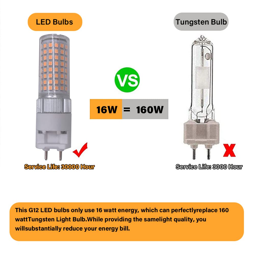 G12 LED-Lampe Dimmbar G12 Led Leuchtmittel 16 Watt 1600 Lumen (160 Watt Metallhalogenid-Äquivalent) Warmweiß 3000K Helligkeit einstellbar G12 Bi-Pin-Sockel Mais-Glühlampe (6 Stück)