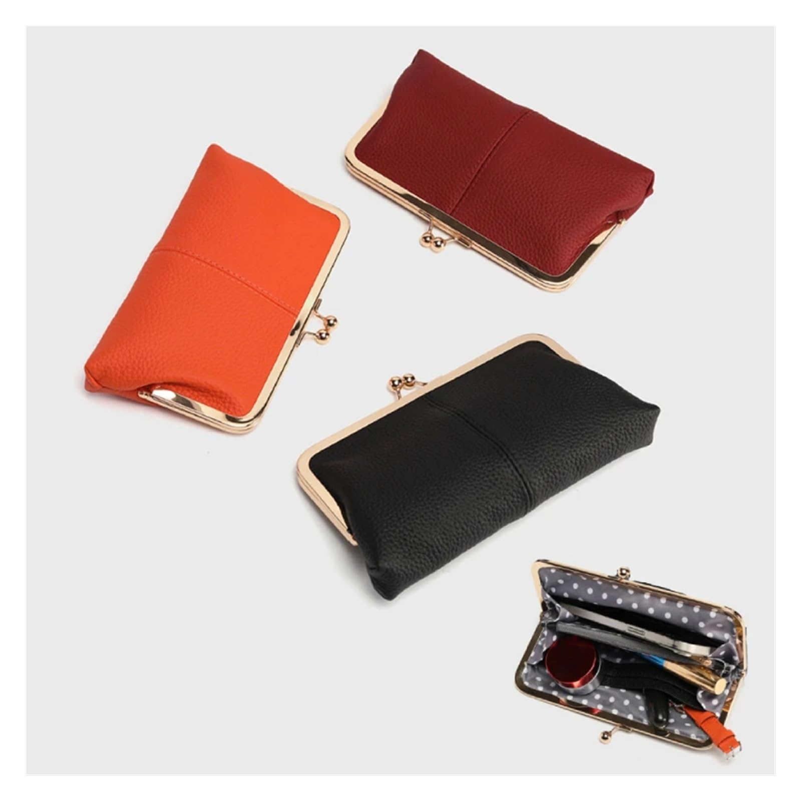 Cartera de Cuero Genuino con Cierre de Beso, Cartera de Mano de Gran Capacidad con Doble Clip, Tarjetero Largo, Cartera de Viaje, Bolsa de Cambio de Moneda enmarcada | Black