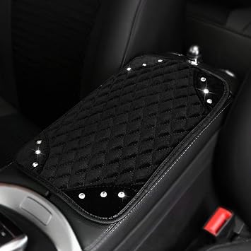 U&M Bling Bling Auto Armrest Console Cushion, Soft Plush Luster Crystal Arm Rest Padding Protective Case Diamond Car Decor Accessories for Women Black-Crystal