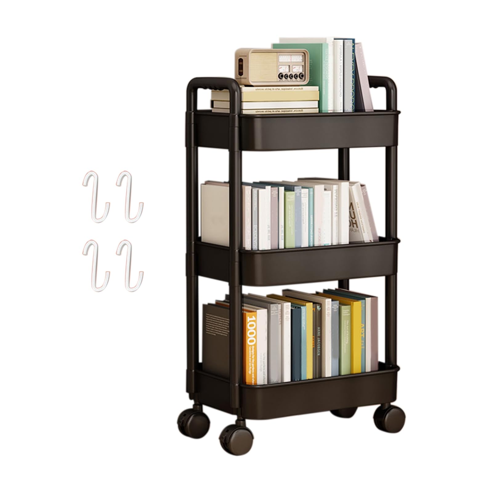 Cadciehe Black Rolling Utility Cart, Movable Storage Organizer With Wheels, Sturdy Construction, Large Capacity, Strong Load-Bearing Mobile Rack Trolley Bookshelf