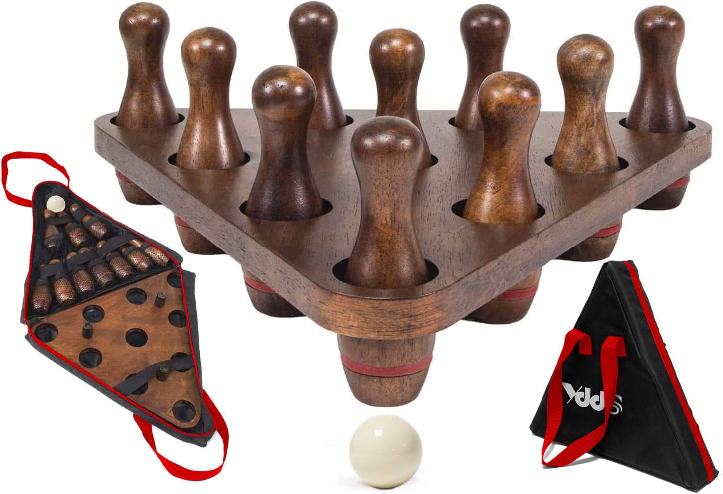 Shuffleboard Bowling Pin Set with 10 Pcs Premium Hardwood Bowling Pins Durabel Triangular Pinsetter Resin Bowling Ball