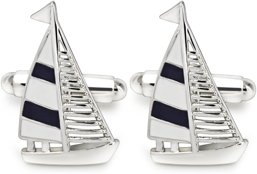 Mr.Van Sailing Boat Cufflinks for Men - Rhodium Plated Brass Nautical Cufflin...