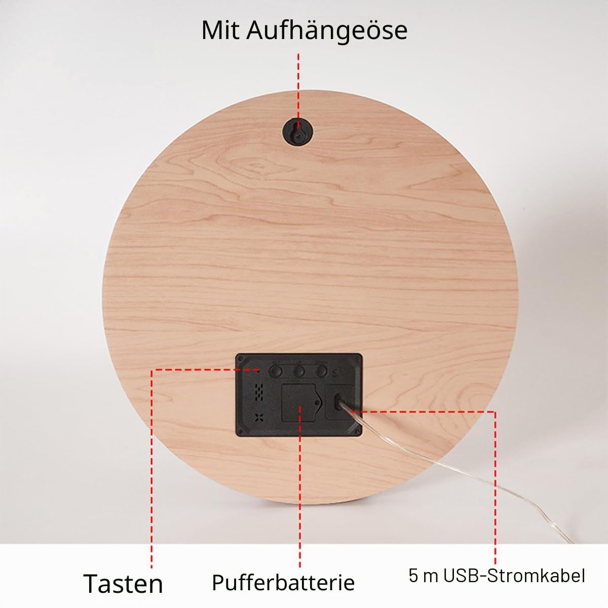 Elektronische Wanduhr mit Automatisch Dimmen Stille LED Großanzeige Holz Rund 12/24 Stunden Schalter Hängend Plug-in für Zuhause Wohnzimmer Büro
