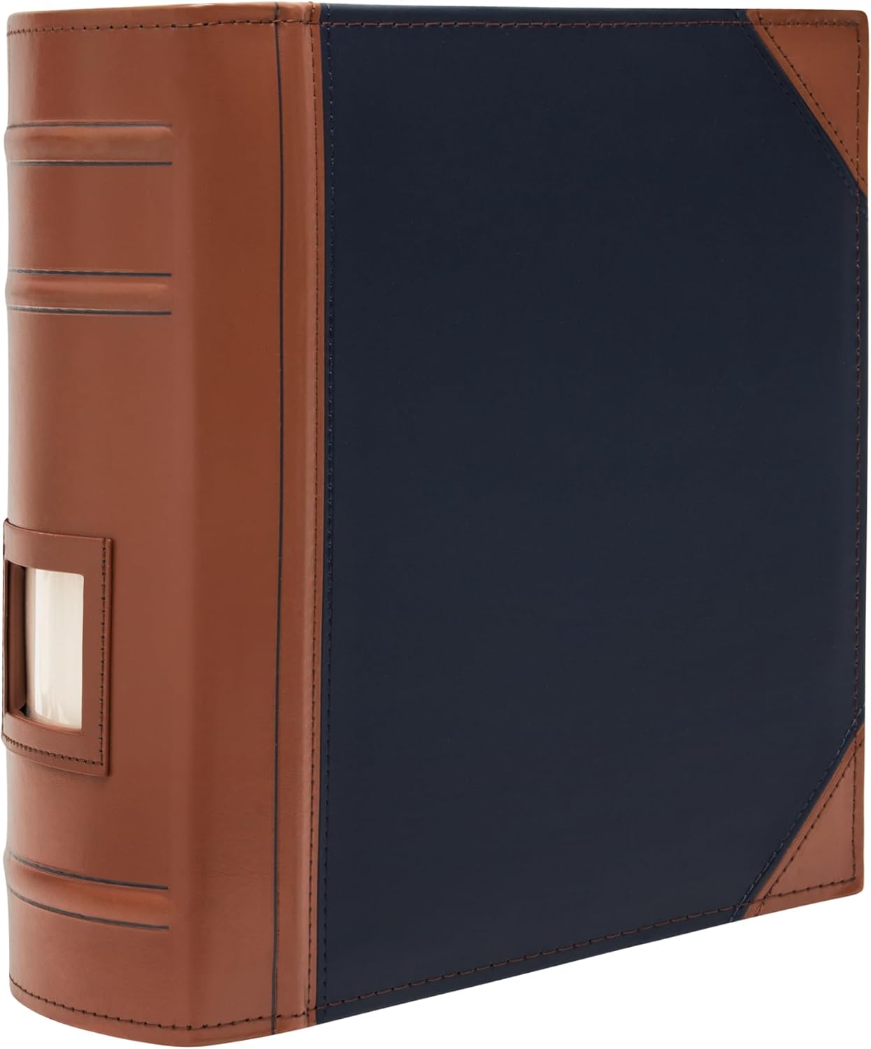 Executive Binder, English Leather 2 Tone with Stitching and Ribbed Spine, Heavy Duty 3 D-Ring with Memo Tag, Blue (3" inch, 1PK)