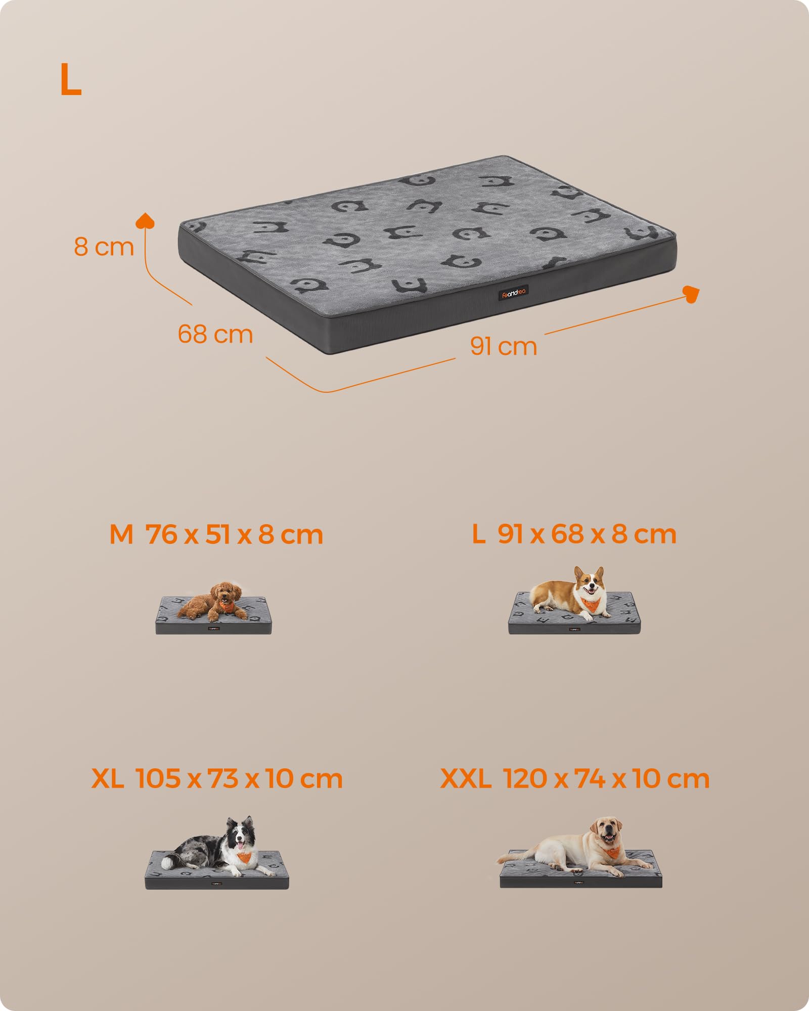 Feandrea Cuccia per Cani, Lettino per Animali, Gommapiuma Preformata Ondulata, con Maniglia, Sfoderabile, Uso a Doppio Lato, Impermeabile, Taglia L, 91 x 68 x 8 cm, Grigio Tortora PGW242G01