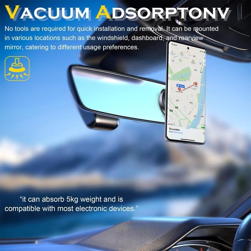 WHATOOK 360° Rotating Car Magnetic Phone Holder, Navigation Holder, Vacuum & Magnetic Suction, Windshield/Dashboard (Black)