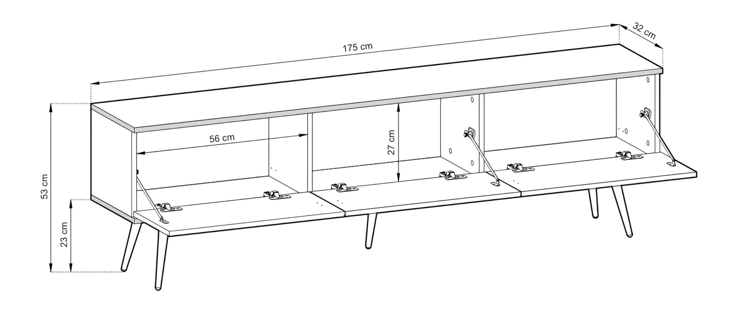 3xE Living TV-Lowboard mit Beinen 175 cm, Push-to-Open, Beige mit goldenen Beinen, 175 x 32 x 53 cm