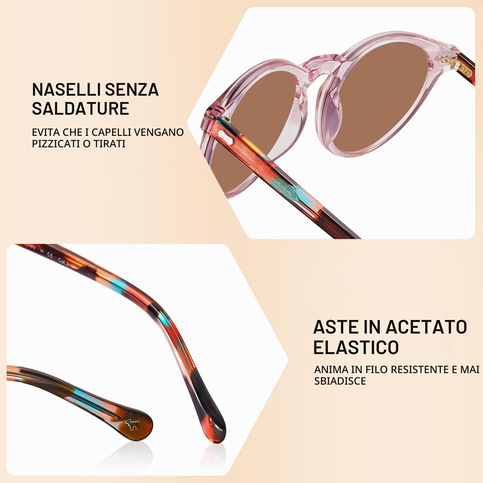 Carfia Retro Rotondi Occhiali da Sole da Donna Polarizzati UV400 CA5288C | Telaio Rosa Trasparente Lente Rosa, lenti HD antigraffio, blocca il 100% dei raggi UVA/UVB/UVC, Montatura in acetato